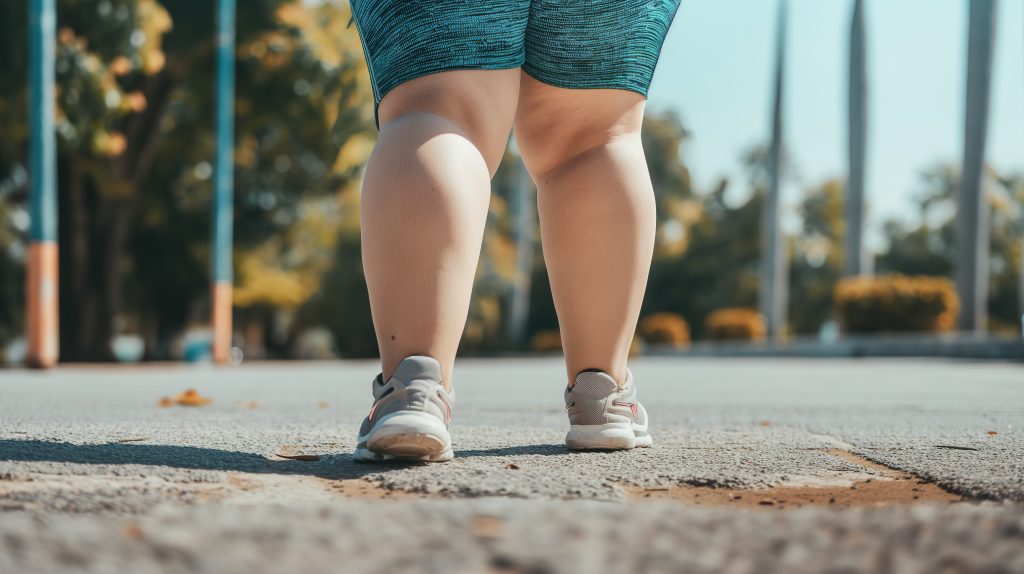Back view of a person with lipedema walking outdoors, showing disproportionate fat distribution in the legs and calves while wearing athletic clothing and sneakers